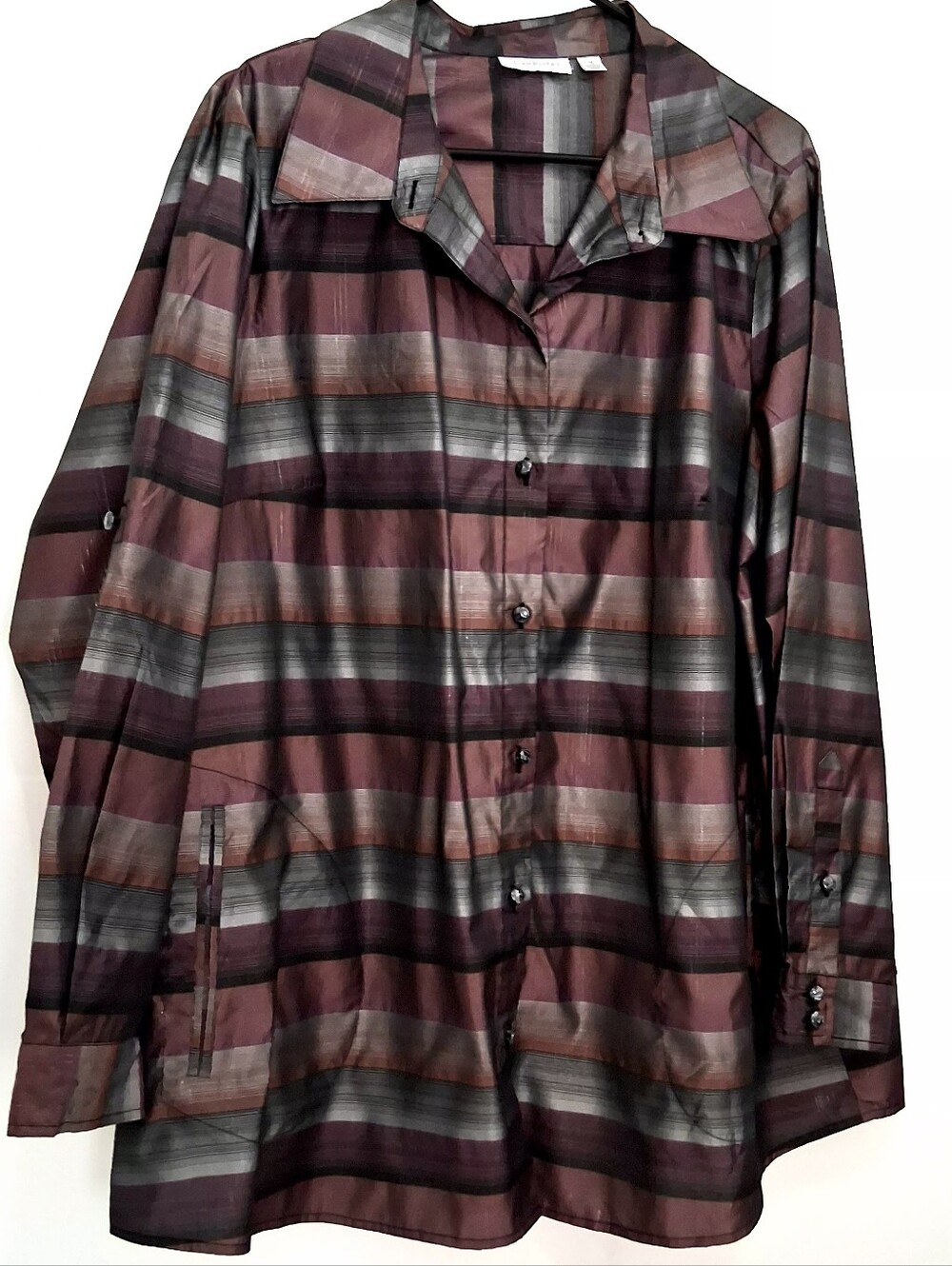 Joan Rivers Burgundy, Gray and Black Horizontal Stripe Button-Down Shirt Size 1X